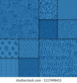 Abstract hand drawn geometric simple minimalistic seamless patterns set. Hand lettering, polka dot, stripes, waves, random symbols textures. Bright colorful vector illustration