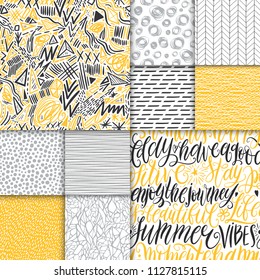 Abstract hand drawn geometric simple minimalistic seamless patterns set. Hand lettering, polka dot, stripes, waves, random symbols textures. Bright colorful vector illustration