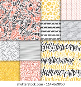 Abstract hand drawn geometric simple minimalistic seamless patterns set. Hand lettering, polka dot, stripes, waves, random symbols textures. Bright colorful vector illustration