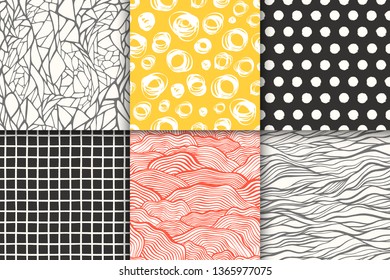 Abstract hand drawn geometric simple minimalistic seamless patterns set. Polka dot, stripes, waves, random symbols textures
