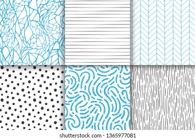 Abstract hand drawn geometric simple minimalistic seamless patterns set. Polka dot, stripes, waves, random symbols textures
