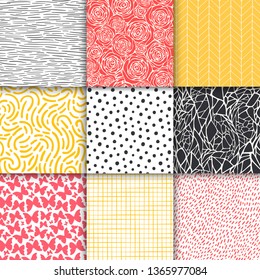 Abstract hand drawn geometric simple minimalistic seamless patterns set. Polka dot, stripes, waves, random symbols textures