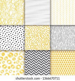 Abstract hand drawn geometric simple minimalistic seamless patterns set. Polka dot, stripes, waves, random symbols textures