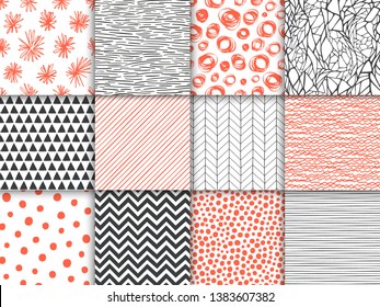 Abstract hand drawn geometric simple minimalistic seamless patterns set. Polka dot, stripes, waves, random symbols textures. Vector illustration