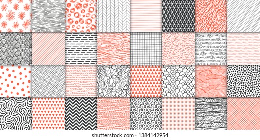 Abstrakte handgezeichnete geometrische, einfache minimalistische nahtlose Muster gesetzt. Polka Punkt, Streifen, Wellen, zufällige Symbole Texturen. Vektorgrafik