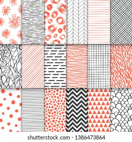 Abstract hand drawn geometric simple minimalistic seamless patterns set. Polka dot, stripes, waves, random symbols textures. Vector illustration