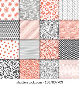 Abstract hand drawn geometric simple minimalistic seamless patterns set. Polka dot, stripes, waves, random symbols textures. Vector illustration