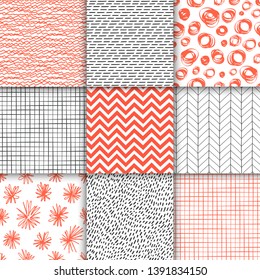 Abstractas dibujado a mano geométrica simple minimalista sin costuras conjunto de patrones. Lunares, rayas, ondas, símbolos aleatorios texturas. Ilustración vectorial