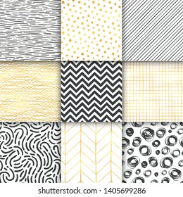 Abstract hand drawn geometric simple minimalistic seamless patterns set. Black and white, golden background collection. Polka dot, stripes, waves, random symbols textures. Vector illustration