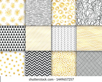 Abstract hand drawn geometric simple minimalistic seamless patterns set. Black and white, golden background collection. Polka dot, stripes, waves, random symbols textures. Vector illustration