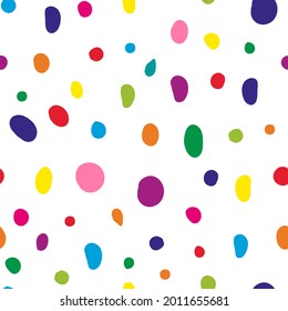 Abstract hand drawn geometric simple minimalistic seamless pattern on white background. Multicolored polka dot circle texture. Vector illustration