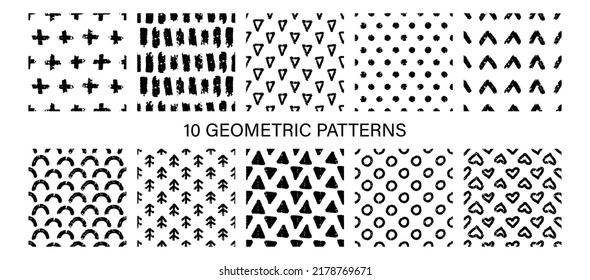 Abstract hand drawn geometric simple black and white minimalistic seamless patterns set with brush texture. Polka dot, stripes, waves. Vector illustration