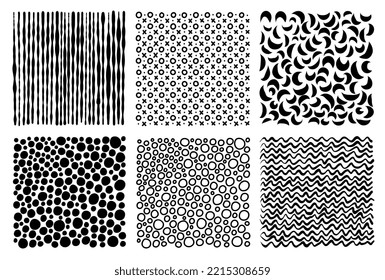Abstract hand drawn geometric simple minimalistic patterns set. Lines, circles, tic-tac-toe, waves, half moon, random symbols textures. Vector illustration 
