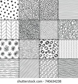 Abstract hand drawn geometric simple minimalistic seamless patterns set. Polka dot, stripes, waves, random symbols textures. Monochrome black and white vector illustration. Template for your design