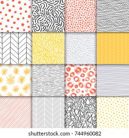 Abstract hand drawn geometric simple minimalistic seamless patterns set. Polka dot, stripes, waves, random symbols textures. Bright colorful vector illustration. Template for your design