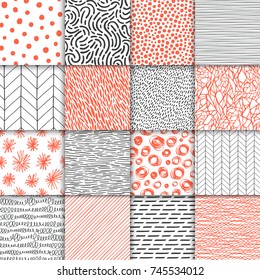 Abstract hand drawn geometric simple minimalistic seamless patterns set. Polka dot, stripes, waves, random symbols textures. Bright contrast black white and red vector illustration