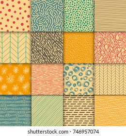 Abstract hand drawn geometric simple minimalistic seamless patterns set. Polka dot, stripes, waves, random symbols textures. Simple universal background. Vintage colors. Vector illustration