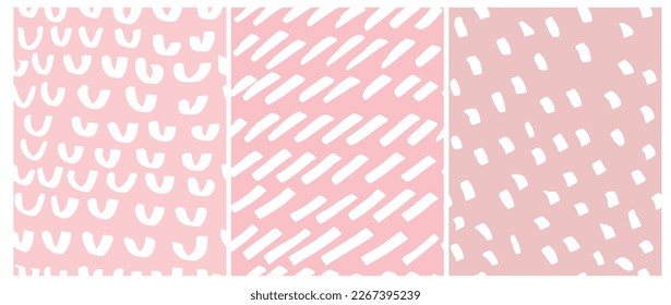 Patrones de vectores geométricos dibujados a mano. Cuadros, líneas y arcos blancos aislados en un fondo rosado pastel. Impresión de vectores repetibles geométricos irregular ideal para papel de tela, envolvimiento.