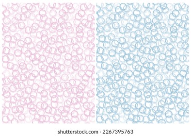 Patrones de vectores geométricos dibujados a mano. Círculos rosados y azules claros pasteles aislados en un fondo blanco. Impresión de vectores repetibles geométricos irregular ideal para papel de tela, envolvimiento.
