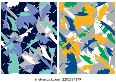 Patrones de vectores geométricos dibujados a mano. Cepillarse con puntos caóticos y manchas aisladas en un fondo gris y azul oscuro. Impresión de vectores repetibles geométricos irregular ideal para papel de tela, envolvimiento.