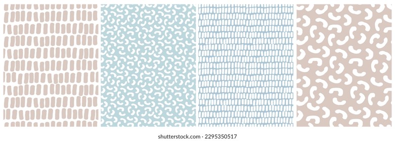 Patrones de vectores geométricos dibujados a mano. Cuadros, líneas y arcos de pincel aislados sobre fondo azul, blanco y beige pastel. Impresión de vectores repetibles geométricos Irregulares de mano libre ideal para la tela.