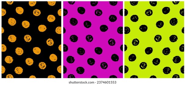 Abstract Hand Drawn Geometric Vector Pattern.Orange and Black Polka Dots Isolated on a Black, Pink and Green Background.Irregular Dotted Endless Print ideal for Fabric, Wrapping Paper.Neon RGB Colors.