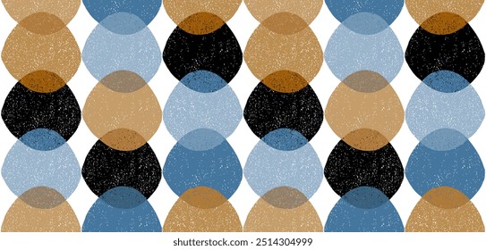 Padrão De Vetor Geométrico Desenhado À Mão Abstrata. Elementos bege, marrom, preto e azul de forma de lente em um fundo branco. Impressão de vetor sem fim geométrica simples ideal para tecido, papel de embrulho. RGB