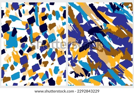 Abstract Hand Drawn Geometric Vector Patterns. Blue, Brown, Violet, Beige and Yellow Spots and Stains isolated on a White Background. Creative Irregular Geometric Repeatable Vector Print.