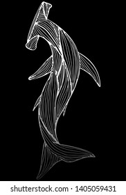 Abstract hand drawn giant hammer shark isolated on black background. Vector illustration. Outline. Line art. Top view