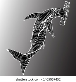 Abstract hand drawn giant hammer shark isolated on gray background. Vector illustration. Outline. Line art. Top view