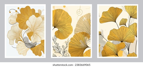 Resumen el ginkgo dorado dibujado a mano deja fondo de arte. ilustración vectorial de arte moderno. Decoración de pared