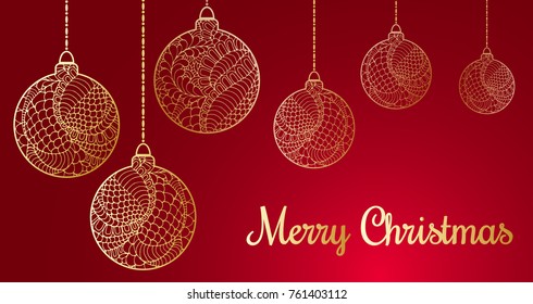 Abstract hand drawn golden shiny Christmas balls. A Christmas greeting vector card on the red gradient background. Doodles pattern. Merry Christmas text