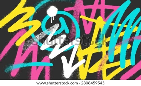 Abstract hand drawn graffiti background with realistic spray texture, transparent aerosol softness and bold paint drips, vibrant arrows and sweeping marks crossing a dark wall in rhythmic motion