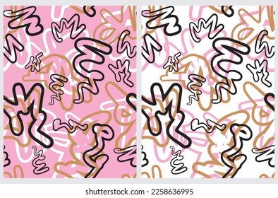 Abstract Hand Drawn Graffiti Style Vector Patterns.Gold,White and Black Lines and Zig zags on a White and Light Pink Background. Modern Messy Geometric Seamless Pattern. Irregular Freehand Print.