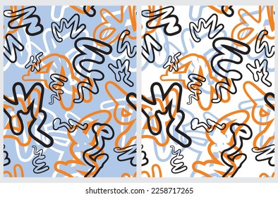 Abstract Hand Drawn Graffiti Style Vector Patterns.Orange,White and Black Lines and Zig zags on a White and Light Blue Background. Modern Messy Geometric Seamless Pattern. Irregular Freehand Print.