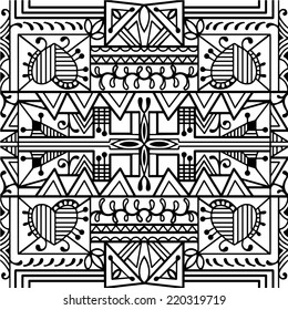 Abstract hand drawn graphic pattern with hearts, floral and geometric ornament, seamless texture, black ann white vector illustration