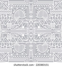 Abstract hand drawn graphic pattern with hearts, floral and geometric ornament, seamless texture, vector illustration