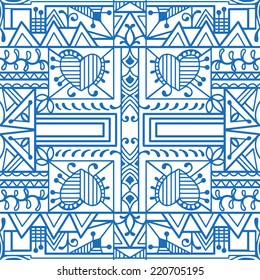 Abstract hand drawn graphic pattern with hearts, floral and geometric ornament, seamless texture, blue and white vector illustration