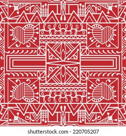 Abstract hand drawn graphic pattern with hearts, floral and geometric ornament, seamless texture, red and white vector illustration