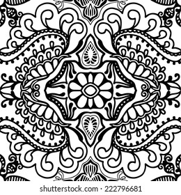 Abstract hand drawn graphic pattern, floral and geometric ornament, seamless texture, black and white vector illustration