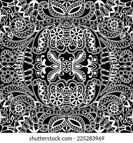 Abstract hand drawn graphic pattern, floral and geometric ornament, seamless texture, black and white vector illustration