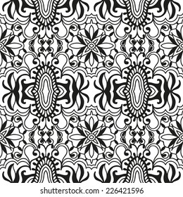 Abstract hand drawn graphic pattern, colorful floral and geometric ornament, seamless texture, black and white vector illustration