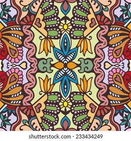 Abstract hand drawn graphic pattern, colorful floral and geometric ornament, seamless texture, vector illustration