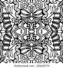Abstract hand drawn graphic pattern, floral and geometric ornament, seamless texture, black and white vector illustration