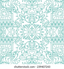 Abstract hand drawn graphic pattern, floral and geometric ornament, seamless texture, blue and white vector illustration