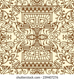 Abstract hand drawn graphic pattern, floral and geometric ornament, seamless texture, vector illustration