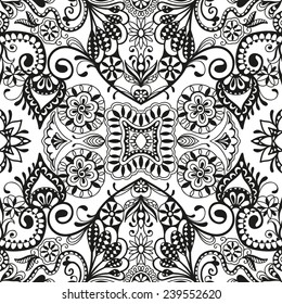 Abstract hand drawn graphic pattern, floral and geometric ornament, seamless texture, black and white vector illustration