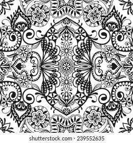Abstract hand drawn graphic pattern, floral and geometric ornament, seamless texture, black and white vector illustration