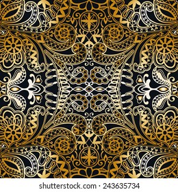 Abstract hand drawn graphic pattern, floral and geometric ornament, seamless texture, ornate vector background, gold and black