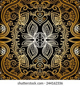 Abstract hand drawn graphic pattern, floral and geometric ornament, seamless texture, ornate vector background, gold and black